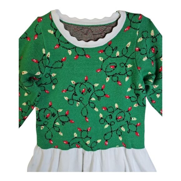 Kids4ever Green & White Christmas Light Print Sweater Dress White Skirt Size 6/7 - Picture 2 of 7